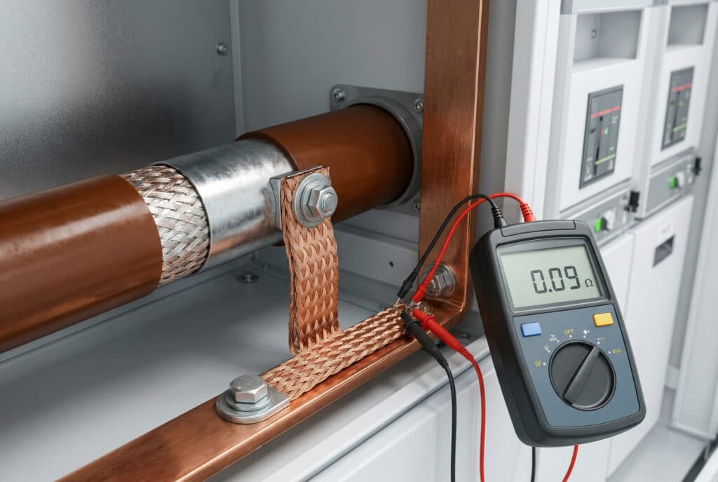 實心絕緣開關設備 (SIS) 機櫃內的詳細特寫照片，顯示出堅固的連接，鍍錫銅編織接地導體以螺栓固定在環氧樹脂封裝導體周圍的金屬屏蔽層上。數位式微歐姆錶探針放置在附近，螢幕顯示 0.09 ohms，驗證低阻抗接地通路符合指定標準。.