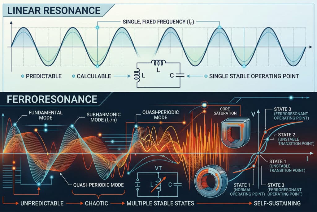 A technical comparison infographic contrasting linear resonance and ferroresonance. The top section shows predictable, smooth sine waves and a constant LC circuit model. The bottom section illustrates chaotic waveforms, multiple stable operating states, quasi-periodic modes, and a cross-section of voltage transformer core saturation, emphasizing the unpredictable and dangerous nature of ferroresonance derived from non-linear core saturation.
