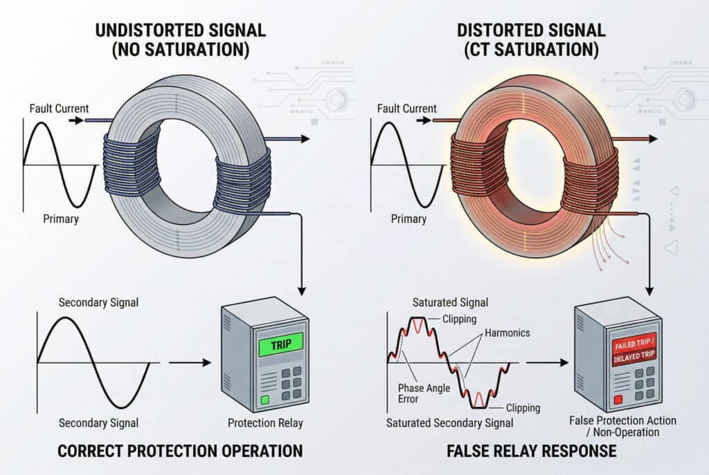 Ini adalah ilustrasi perbandingan komprehensif yang menunjukkan bagaimana saturasi trafo arus (CT) mendistorsi bentuk gelombang arus gangguan, yang menyebabkan kegagalan relai proteksi. Di sebelah kiri, mewakili kasus normal, arus gangguan yang bersih menghasilkan sinyal sekunder yang tidak terdistorsi, yang dengan benar menghidupkan relai proteksi dan menampilkan indikator hijau. Di sebelah kanan, arus gangguan yang sama menghasilkan sinyal sekunder yang terpotong dan terdistorsi karena saturasi CT, menyebabkan relai tidak berfungsi dan tidak trip dengan benar, ditandai dengan indikator kesalahan merah dan label tindakan yang gagal. Label meliputi 'Sinyal Tidak Terdistorsi (Tidak Ada Kejenuhan)', 'Sinyal Terdistorsi (Kejenuhan CT)', 'Operasi Proteksi yang Benar', 'Respons Relai yang Salah', 'Sinyal Sekunder yang Jenuh', dan detail visualisasi inti.