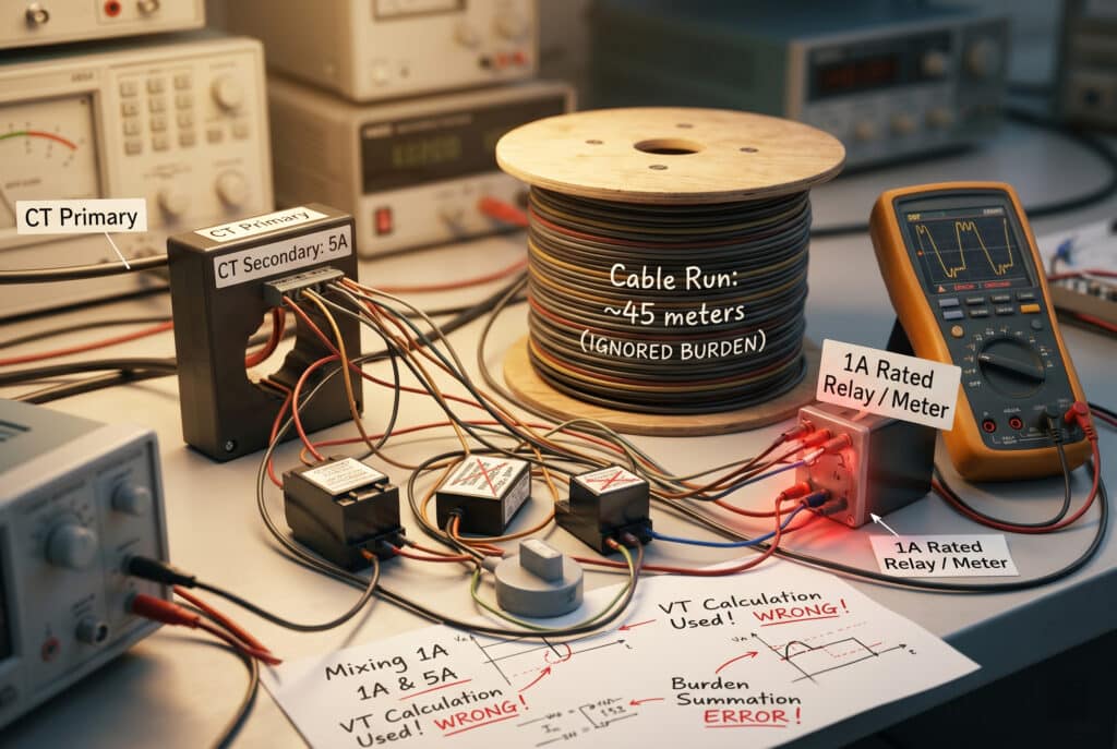 A high-detail photograph of a chaotic, overloaded CT secondary test circuit on a lab bench, illustrating multiple calculation mistakes like ignored long cable runs, mixed 1A and 5A device ratings causing overheating, and incorrect VT method applications. Erratic waveforms and error notes reinforce the theme of compromised reliability due to burden errors. No people are present.