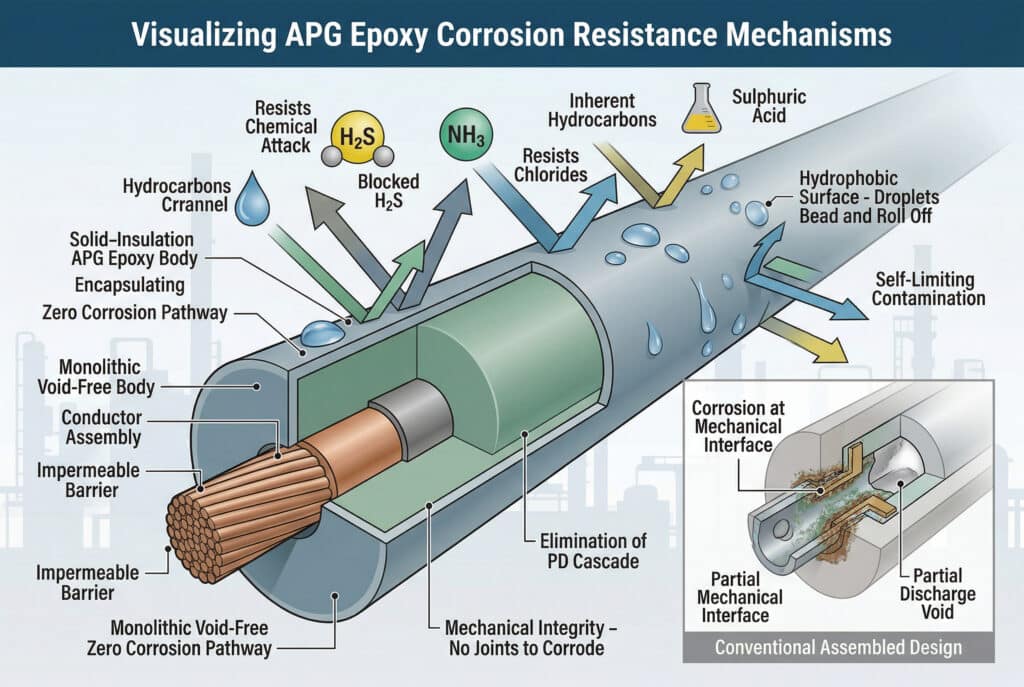 固體絕緣嵌入式電極橫截面的詳細技術圖解，直觀展示了其在腐蝕性工業環境中的多重同步保護機制。箭頭和概念圖示說明了整體式無空隙環氧樹脂本體、絕對導體與腐蝕性物質（H2S、氨、氯化物、碳氫化合物）的絕對隔離，以及憎水性表面滲出水珠。插圖將此設計與傳統的組裝式絕緣設計進行比較，傳統的組裝式絕緣設計在內部介面和局部放電空隙處有明顯的腐蝕堆積，突出了文中所述的「隱性優點」。.