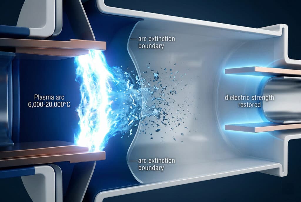 Ilustração de seção transversal de uma câmara de extinção de arco em um painel de distribuição de média tensão, visualizando o processo dinâmico de um arco de plasma extremamente quente, rotulado como 6.000-20.000°C, formando-se entre contatos móveis, cruzando 'limites de extinção de arco' e transformando-se em um meio frio e não condutor, onde 'a força dielétrica é restaurada' em contatos totalmente separados.