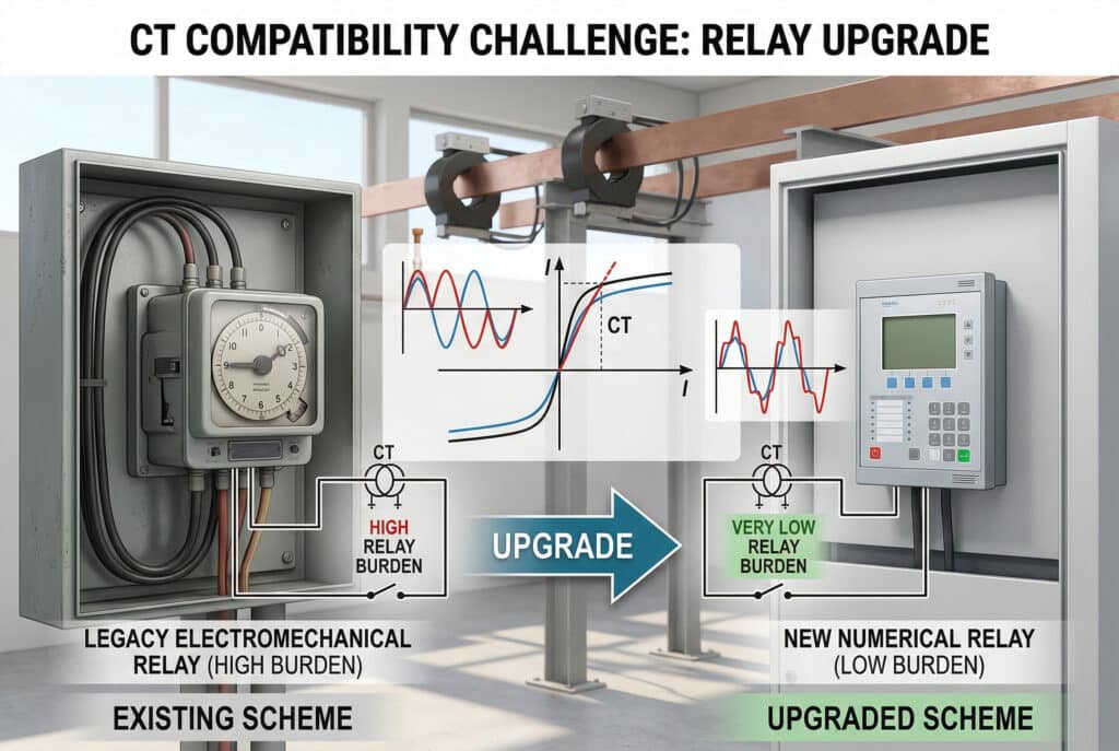 Comparison of a legacy high-burden electromechanical relay scheme versus a new low-burden numerical relay scheme, illustrating the mismatch in CT secondary circuit characteristics during a substation protection upgrade.
