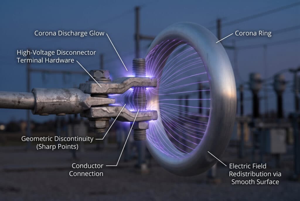 Техническая фотография и визуализация, демонстрирующая свечение коронного разряда на аппаратуре высоковольтных разъединителей на открытом воздухе. Локализованная фиолетово-голубая плазма исходит из геометрических разрывов, таких как острые болты и углы зажимов на клеммах. Стилизованные прозрачно-фиолетовые векторы поля визуализируют плотную концентрацию поля в этих острых точках. В противоположность этому расположено гладкое коронное кольцо большого радиуса, иллюстрирующее мягкие, перераспределенные линии электрического поля, изящно текущие по его непрерывной поверхности, без разряда, что эффективно подавляет это явление. Текстовые надписи обозначают ключевые компоненты и физические понятия на точном английском языке. Место действия - открытая подстанция в сумерках.