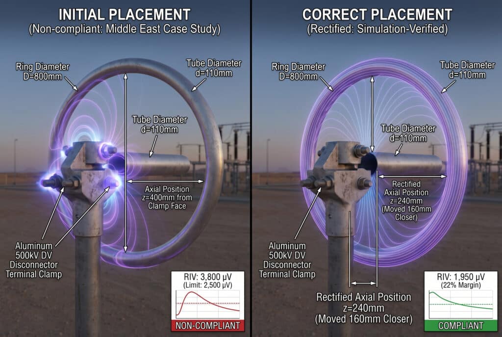 Техническая вертикальная сплит-визуализация, демонстрирующая неправильное и правильное размещение коронного кольца на разъединителе 500 кВ на открытом воздухе, на примере клиента с Ближнего Востока. На левой панели показано несоответствующее первоначальное размещение с высоким RIV и видимой короной на зажиме. На правой панели показано исправленное, проверенное моделированием размещение, которое позволило снизить RIV, с четкими размерными метками, подчеркивающими изменение осевого положения на 160 мм.