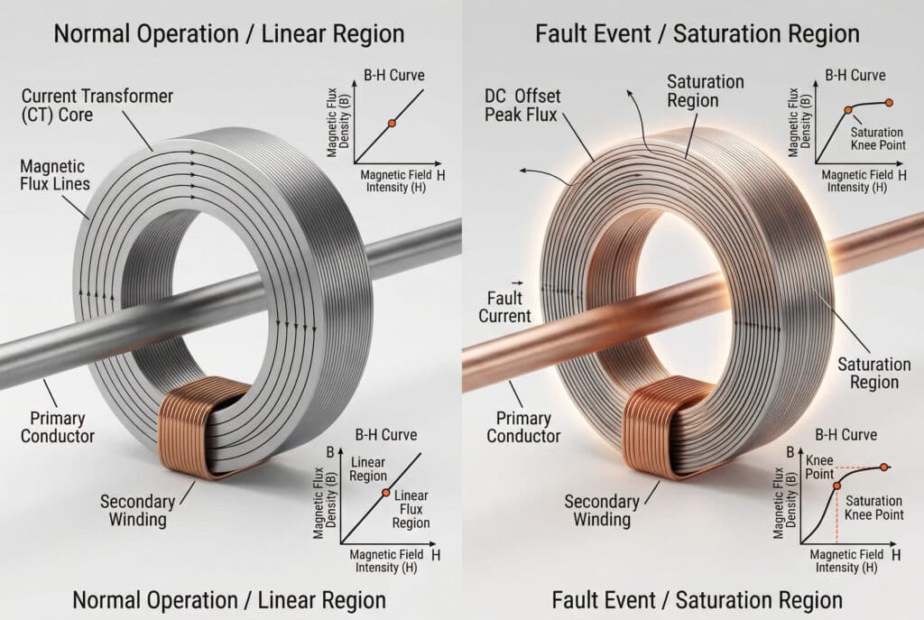 Ilustrasi ilmiah teknis dari inti transformator arus, dibagi menjadi dua bagian perbandingan. Bagian kiri, 'Operasi Normal / Wilayah Linier', menunjukkan garis fluks magnetik yang jarang dan seragam yang berputar dengan rapi di dalam inti dengan kurva B-H linier yang sesuai. Bagian kanan, 'Fault Event / Saturation Region', menampilkan garis fluks yang meluap dan terkompresi dan 'cahaya' visual yang mengindikasikan bahwa inti tidak dapat lagi mendukung lebih banyak fluks, dipasangkan dengan kurva B-H yang melengkung tajam setelah titik lutut ke daerah saturasi yang datar. Beberapa label menunjukkan semua komponen inti dan fenomena yang disebutkan dalam artikel, termasuk 'Titik Lutut' dan 'Fluks Puncak Offset DC'.