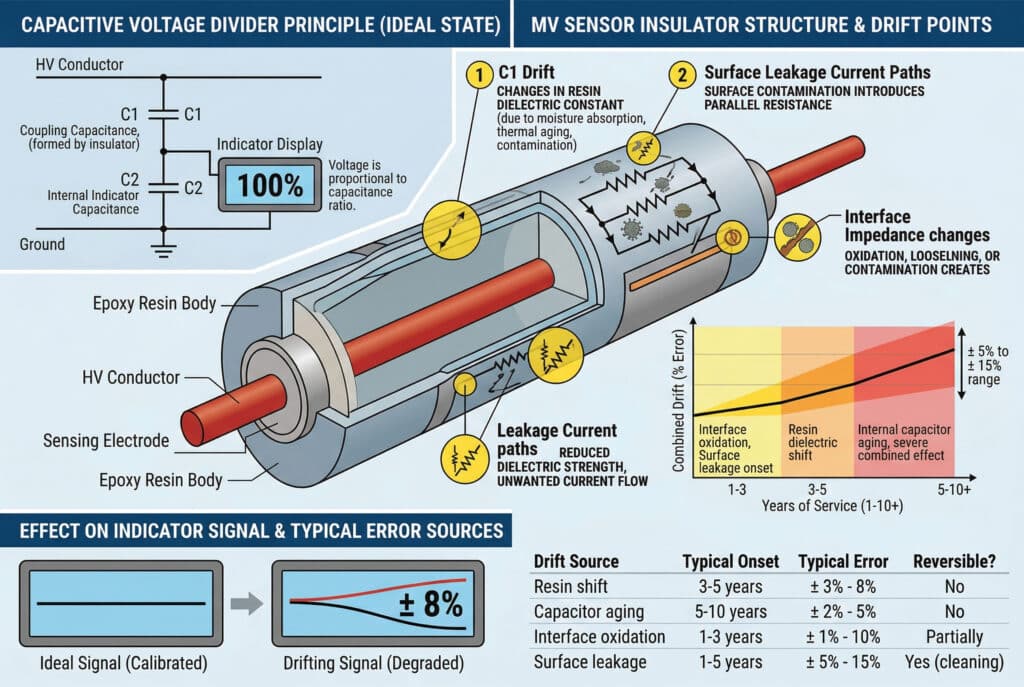 Diagrama infográfico técnico que ilustra los mecanismos de deriva en un divisor de tensión capacitivo para aisladores de sensores de media tensión, como se describe en el artículo. Presenta una sección transversal del cuerpo de un aislador sensor y un diagrama de circuito que muestra la capacitancia de acoplamiento $C_1$ y la capacitancia interna $C_2$ en paralelo, etiquetadas como 'Estado ideal'. Se visualizan simultáneamente cuatro mecanismos de deriva clave con leyendas e iconos amarillos: 1) 'Deriva de $C_1$' debida al desplazamiento de la constante dieléctrica de la resina (inicio a los 3-5 años, error de ±3%-8%, irreversible); 2) 'Vías de corriente de fuga superficial' debidas a la contaminación (inicio a los 1-5 años, error de ±5%-15%, reversible mediante limpieza); 3) 'Cambios en la impedancia de la interfaz' debidos a la oxidación/aflojamiento (aparición de 1 a 3 años, error de ±1%-10%, parcialmente reversible); y 4) 'Deriva de $C_2$' debida al envejecimiento del condensador interno (aparición de 5 a 10 años, error de ±2%-5%, irreversible). Un gráfico lineal muestra la 'Deriva combinada (error %)' frente a los 'Años de servicio (1-10+)', con una banda que indica el rango típico de ±5% a ±15% tras 5-10 años sin mantenimiento activo. Un pequeño cuadro resumen refleja los datos presentados en el texto de entrada. No hay personas en el cuadro.