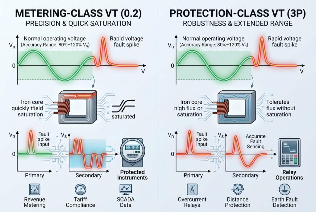 Ölçüm sınıfı VT'ler ile koruma sınıfı VT'leri karşılaştıran teknik bir infografik. Performans farklılıklarını göstermek için grafikler kullanır: ölçüm VT'leri normal voltaj sırasında yüksek hassasiyet için optimize edilmiştir, ancak ikincil cihazları arıza artışlarından korumak için hızla doyurulur; koruma VT'leri geniş bir aralıkta doğruluğu korur ve rölelerin güvenilir şekilde çalışmasını sağlamak için yüksek arıza voltajlarını tolere eder.