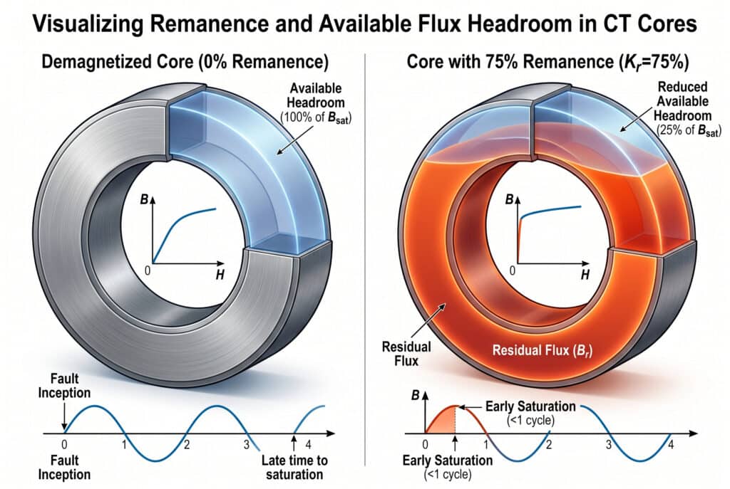 A comparison illustration of two sectioned current transformer (CT) cores. The left core, titled "Demagnetized Core (0% Remanence)", visualizes its internal volume with an overlay labeled "Available Headroom (100% of Bsat)" and a late saturation timeline. The right core, titled "Core with 75% Remanence ($K_r=75\%$)". It is pre-filled with an orange-red material labeled "Residual Flux ($B_r$)", leaving only a thin translucent blue layer labeled "Reduced Available Headroom (25% of Bsat)". A B-H curve inset shows the start at high residual induction and a timeline indicating immediate saturation well before the end of cycle 1, labeled "Early Saturation (<1 cycle)".
