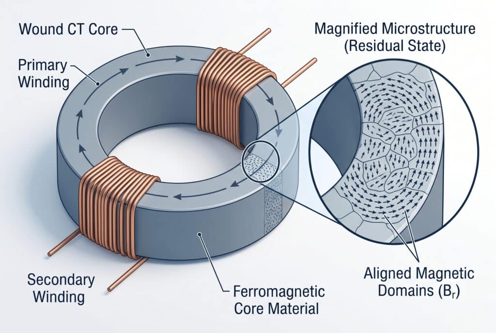 A technical illustration showing an isometric view of a wound toroidal CT core. A magnified circular cutout focuses on the internal microstructure, depicting aligned magnetic domains that represent the retained residual flux density (Br) within the ferromagnetic core material.