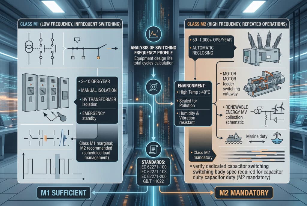 Một infographic khái niệm tinh tế và danh sách kiểm tra được thiết kế chuyên nghiệp trình bày một hướng dẫn có hệ thống về việc lựa chọn các cấp độ bền cơ học M1 so với M2 trong thiết bị đóng cắt trung áp, dành riêng cho đối tượng kỹ thuật. Nó so sánh các ứng dụng lớp M1 tần suất thấp, vận hành thủ công (bên trái), được ghi chú '2–10 lần vận hành/năm, cách ly biến áp cao áp, dự phòng khẩn cấp', với các ứng dụng lớp M2 tần suất cao, vận hành tự động (bên phải), được ghi chú '50–1.000+ lần vận hành/năm, Tái đóng tự động đường dây phân phối, trung tâm điều khiển động cơ đường dây trung áp (hoạt động hàng ngày), thu thập năng lượng tái tạo trung áp, nhiệm vụ hàng hải, phân phối trung tâm dữ liệu.' Dòng chảy dọc tập trung minh họa các bước phân tích: Hồ sơ tần số và các chú thích về yếu tố môi trường cho Nhiệt độ cao >40°C, Chống ô nhiễm, và Khả năng chống ẩm & rung động, dẫn đến 'TIÊU CHUẨN:' tham khảo IEC 62271-100, IEC 62271-103, IEC 62271-200 và GB/T 11022. Hình ảnh sử dụng hình ảnh minh họa sạch sẽ, chính xác, hiện đại với các mẫu dữ liệu phát sáng trong môi trường công nghệ với các thành phần tương lai và bố cục sơ đồ. Tất cả văn bản đều được viết bằng tiếng Anh chính xác và được tích hợp hoàn hảo vào thiết kế kỹ thuật. Không có ký tự mặc định nào xuất hiện, tập trung hoàn toàn vào dữ liệu và công nghệ.