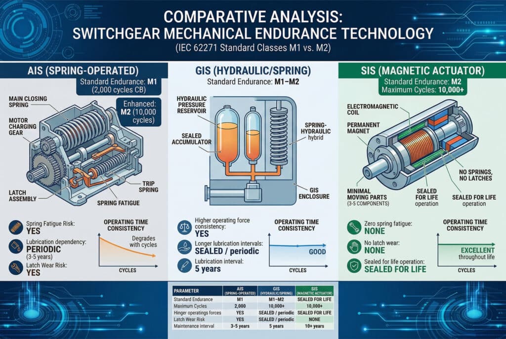 Một infographic so sánh kỹ thuật chuyên nghiệp, được trình bày theo cấu trúc ba bảng với phong cách hiện đại, mang đậm chất kỹ thuật. Infographic này so sánh công nghệ độ bền cơ học giữa các loại tủ điện AIS, GIS và SIS. Bảng bên trái, AIS (hoạt động bằng lò xo), nêu bật các cơ chế lò xo đã được hoàn thiện nhưng dễ bị mài mòn, với các thành phần được ghi chú rõ ràng như lò xo, chốt và bánh răng, đồng thời chỉ ra các yêu cầu bảo trì. Bảng giữa, GIS (Thủy lực/Lò xo), hiển thị hệ thống thủy lực và bộ tích áp lò xo-thủy lực lai, cho thấy độ ổn định lực cao hơn và khoảng thời gian bảo trì dài hơn. Bảng bên phải, SIS (Bộ truyền động từ tính), mô tả cơ chế bộ truyền động từ tính kín, đơn giản với ít bộ phận chuyển động và không bị mài mòn, minh họa tiềm năng về độ bền E2 và thời gian hoạt động ổn định trong suốt vòng đời. Các hình ảnh trực quan hóa dữ liệu nhỏ, tích hợp từ bảng được bao gồm trong mỗi phần, và tất cả văn bản đều được viết bằng tiếng Anh chính xác, tuân thủ nghiêm ngặt trọng tâm kỹ thuật mà không bao gồm các ký tự.