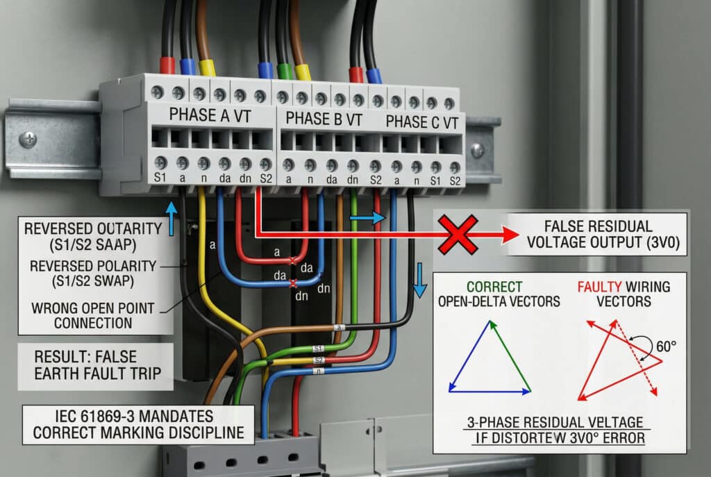 Detailed illustration showing common wiring errors in delta-connected voltage transformer secondaries, specifically a reversed polarity on one VT and incorrect open-delta connection points, illustrating how these mistakes cause false residual voltage outputs (3V0) and vector displacement that leads to false earth fault alarms in power systems, as described in the IEC 61869-3 standard.