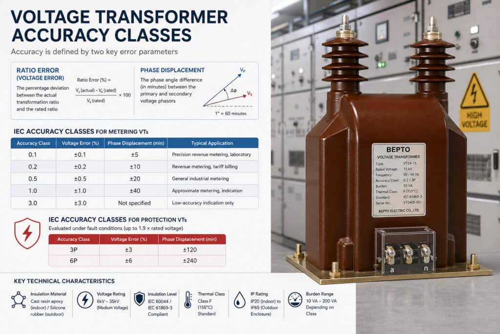 Gerilim trafosu doğruluk sınıflarını açıklayan, oran hatasını, faz yer değiştirmesini, IEC ölçüm ve koruma sınıfı tablolarını ve şalt sistemi içindeki orta gerilim Bepto PT/VT ünitesini gösteren teknik infografik.