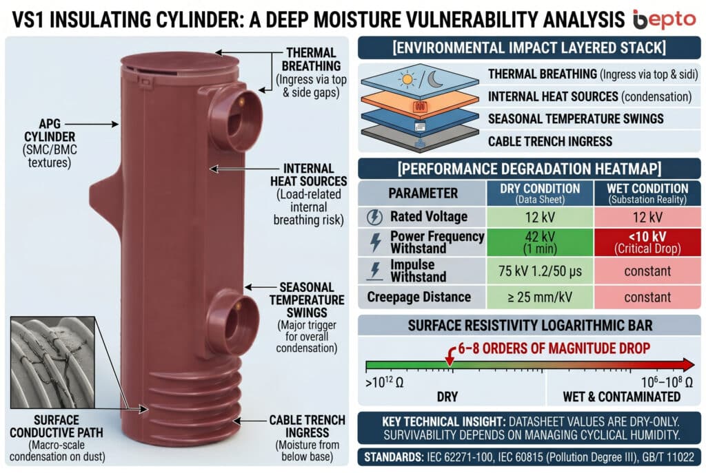 Photographie technique en gros plan d'un cylindre isolant VS1 dans une armoire de distribution métallique, montrant d'innombrables petites gouttelettes d'eau et une fine pellicule d'humidité recouvrant sa surface complexe et nervurée, illustrant sa vulnérabilité critique à la condensation et à la défaillance électrique dans une sous-station, comme expliqué en détail dans le texte. Cette image capture la texture du matériau diélectrique humide contre les composants métalliques.