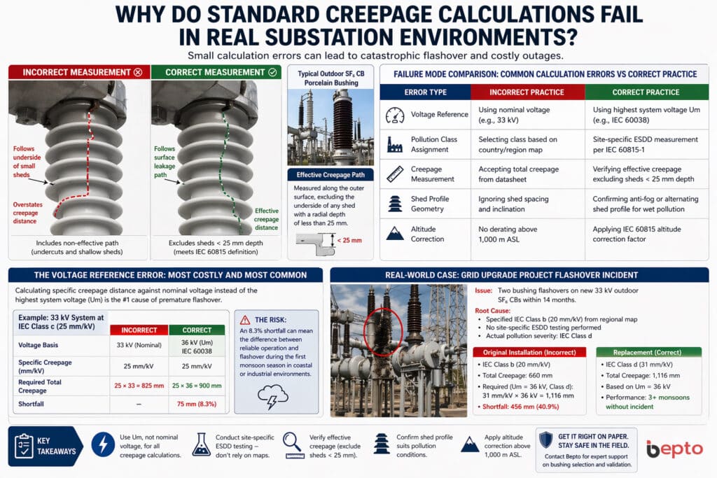 Standart kaçak hesaplamalarının gerçek trafo merkezi ortamlarında neden başarısız olduğunu açıklayan, yanlış ve doğru kaçak yolu ölçümünü, yaygın spesifikasyon hatalarını ve nominal voltaj veya yanlış kirlilik varsayımlarının kullanılmasının nasıl flashover arızalarına yol açabileceğini gösteren teknik infografik.