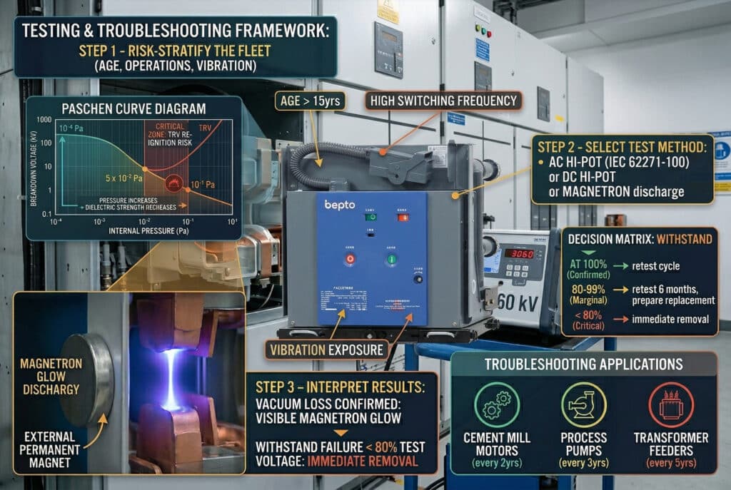 Комплексная техническая инфографика для высоковольтного вакуумного выключателя bepto внутреннего исполнения. В ней подробно описаны: 1. Схема тестирования и поиска неисправностей, начиная с классификации рисков по возрасту, частоте эксплуатации и вибрации (шаг 1). Метки указывают на конкретные компоненты. 2. Выбор методов испытаний (шаг 2), включая AC/DC Hi-Pot и магнетронный разряд. 3. Интерпретация результатов (этап 3) на основе видимого свечения магнетрона (подтверждение отказа) и процентного соотношения выдерживаемого напряжения с матрицей принятия решения о повторном испытании или немедленном удалении. Включены диаграмма кривой Пашена и примеры устранения неисправностей, например, цементных мельниц (каждые 2 года) и технологических насосов (каждые 3 года).