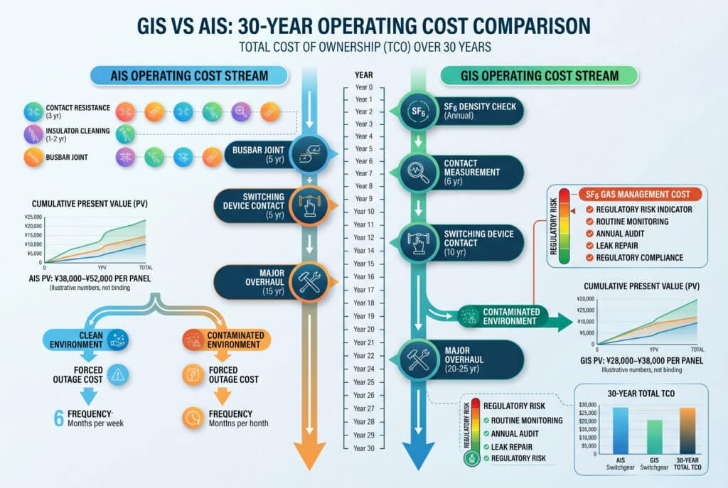 This detailed infographic visualizes the 30-year lifecycle operating cost comparison between GIS and AIS switchgear, illustrating maintenance intervals, SF6 gas management components, and forced outage factors as described in the accompanying technical analysis.