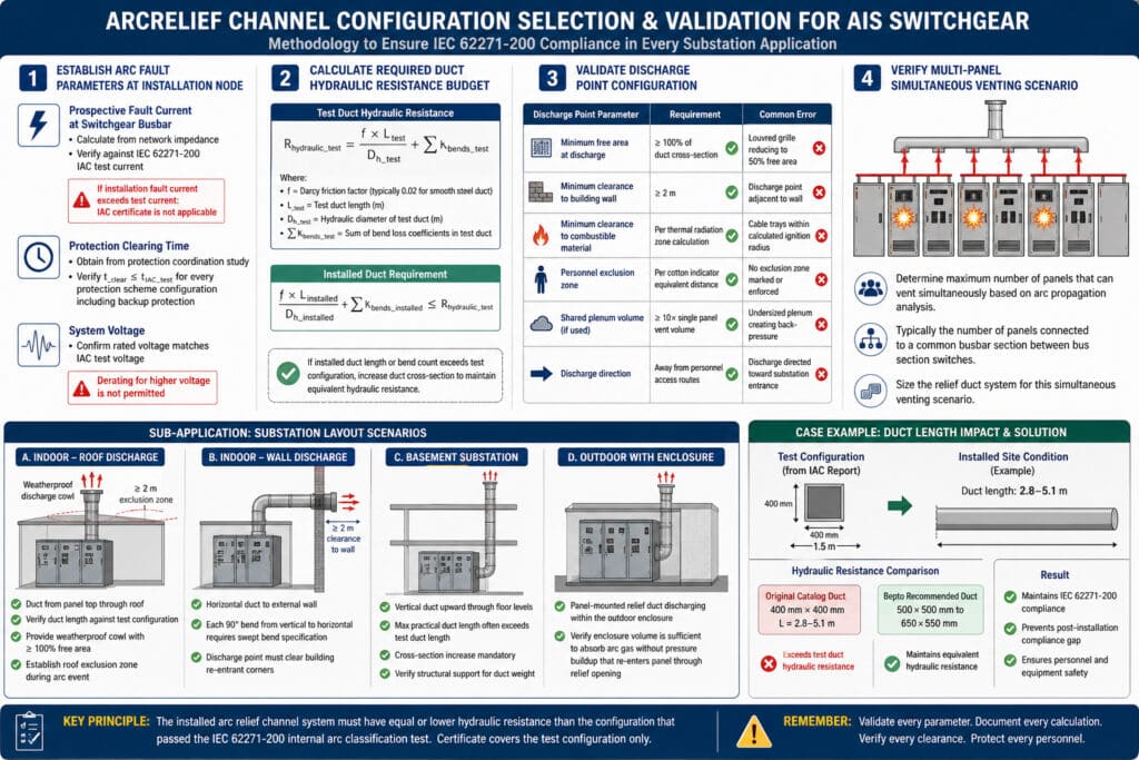 Technical selection and validation workflow for AIS switchgear arc relief channel configuration, showing fault parameter checks, hydraulic resistance calculation, discharge point validation, multi-panel venting analysis, and substation layout scenarios for IEC 62271-200 compliance.