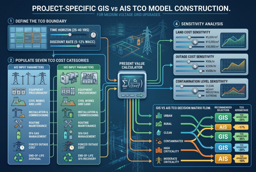 A complex infographic visualization designed as a data dashboard flow chart, illustrating the four steps to build a project-specific GIS vs AIS Total Cost of Ownership model for medium voltage grid upgrades. It visualizes defining the model boundary and time horizon, populating seven cost categories with parallel AIS and GIS parameters, calculating present value, performing sensitivity analysis on key variables (land cost, outage cost, contamination), and culminating in a decision matrix flow that leads to a recommended selection for GIS or AIS based on site conditions.