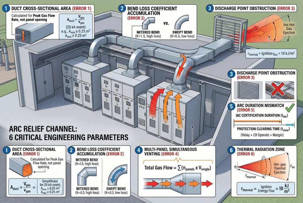 A comprehensive isometric technical illustration diagram of a substation AIS switchgear lineup, demonstrating an engineered arc relief channel system with integrated text annotations. The diagram highlights all six critical parameters from the article, showing calculations and design principles for duct sizing, bend losses, discharge point clarity, multi-panel venting, protection coordination, and thermal radiation zones, without any people present.