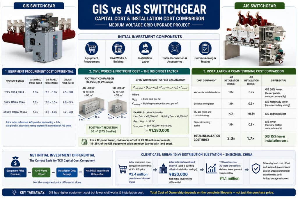 GIS versus AIS switchgear capital and installation cost comparison for a medium voltage grid upgrade project, showing equipment procurement price ratios, civil works footprint offset, installation labor differences, and net initial investment impact.