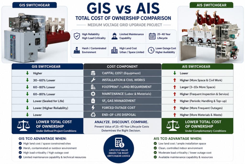 GIS versus AIS switchgear total cost of ownership comparison for medium voltage grid upgrade projects, showing capital cost, installation, footprint, maintenance, SF6 gas management, outage cost, and lifecycle decision factors.
