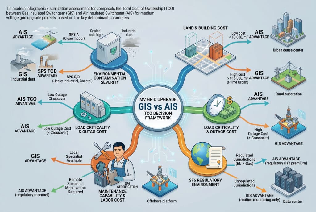 A complex infographic visualization designed as a decision assessment framework for medium voltage grid upgrades, comparing Total Cost of Ownership (TCO) between GIS and AIS switchgear. It features five radiating branches representing the core determinant parameters: environmental contamination, land cost, load criticality and outage cost, maintenance capability, and SF6 regulatory environment. Each branch shows scales, icons, and conditional paths leading to either 'AIS Advantage' or 'GIS Advantage' based on specific site conditions and project factors, with illustrative scenario examples.
