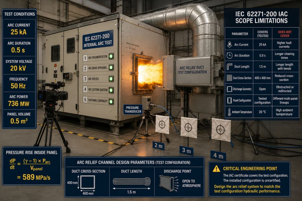 Technical infographic of an IEC 62271-200 internal arc classification test for AIS switchgear, showing arc current, duration, pressure relief duct configuration, acceptance indicators, and the key limitation that certification applies only to the tested setup.