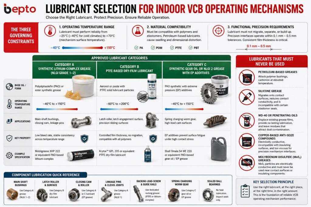 Lubricant selection infographic for indoor VCB operating mechanisms showing approved grease and dry-film lubricant categories, temperature range requirements, material compatibility rules, component applications, and lubricants that should not be used.