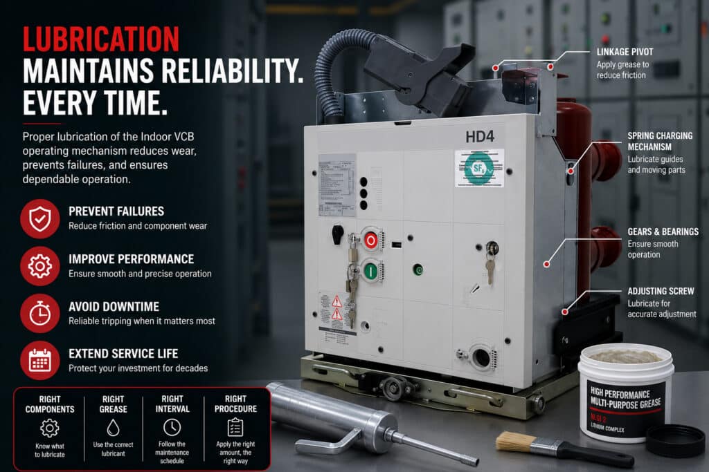 Indoor VCB operating mechanism lubrication guide showing an HD4 medium voltage circuit breaker with labeled lubrication points, grease tools, and reliability-focused maintenance benefits.