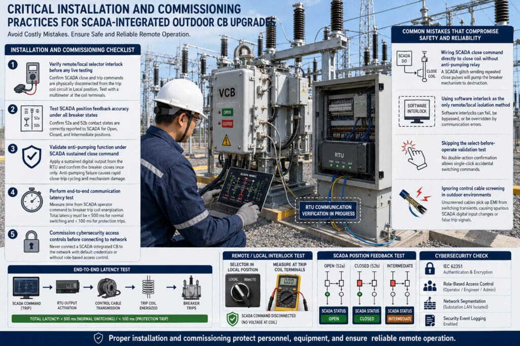 Commissioning engineer testing SCADA remote trip and close commands on an outdoor VCB control terminal box, with RTU communication verification, remote/local interlock testing, position feedback checks, anti-pumping validation, latency testing, and cybersecurity controls for safe high voltage substation upgrades.