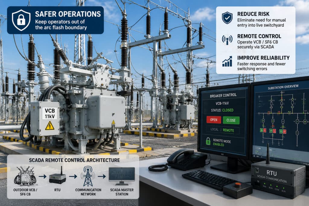 Outdoor VCB and SF6 circuit breaker installed in a high voltage substation with SCADA workstation, RTU communication unit, and remote control architecture, illustrating how remote switching keeps operators outside the arc flash boundary and improves substation safety.