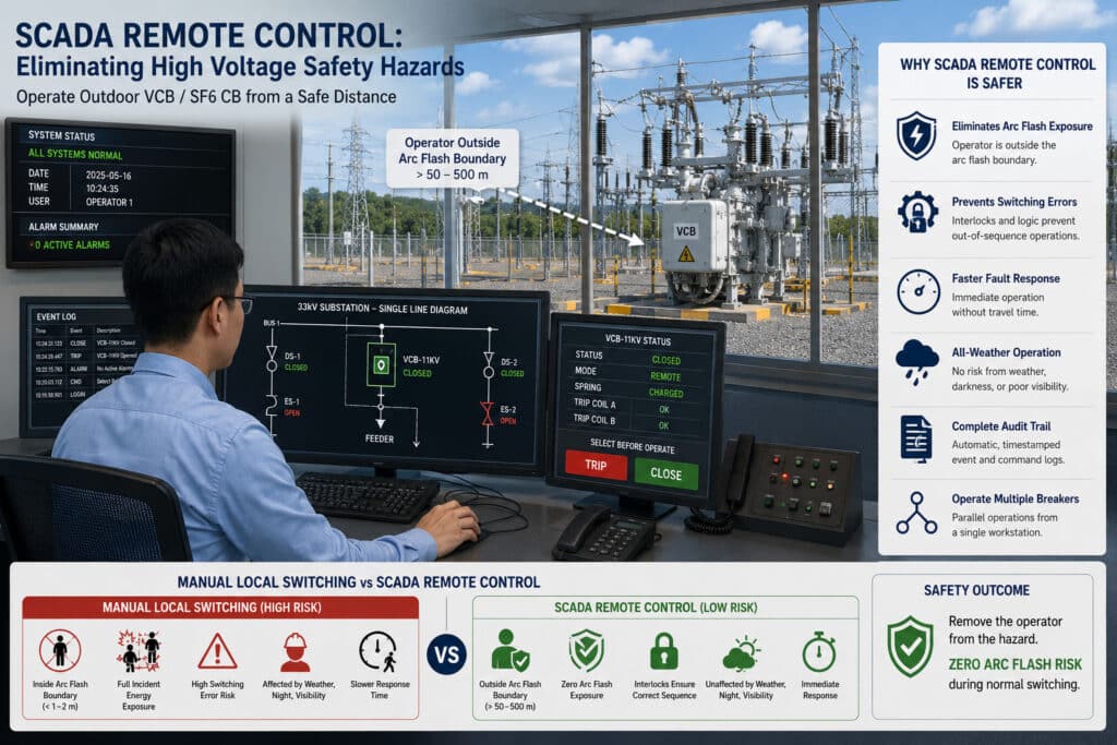 Control room operator using SCADA remote control to operate outdoor VCB and SF6 circuit breakers from outside the arc flash boundary, showing how remote switching reduces high voltage safety hazards and prevents manual switching errors.