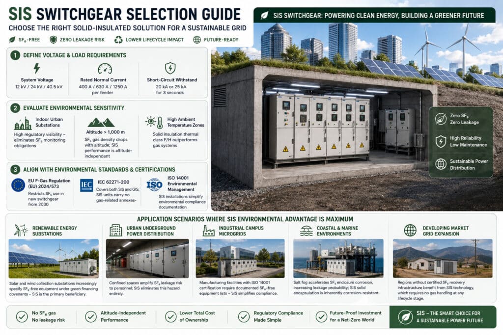 SIS switchgear selection guide showing solid-insulated medium voltage panels in urban underground and renewable energy substations, with application scenarios for SF6-free, altitude-independent, and environmentally compliant power distribution.