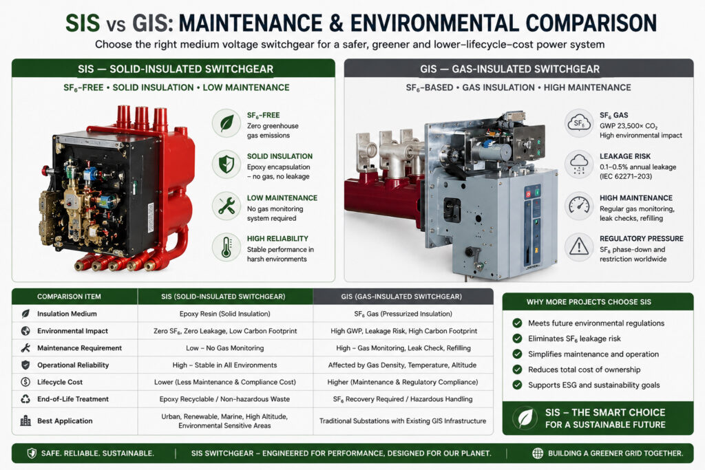 Comparison infographic distinguishing SIS solid-insulated switchgear from GIS gas-insulated switchgear, showing SF6-free solid insulation on the SIS side and SF6-based gas insulation with monitoring and leakage risks on the GIS side.