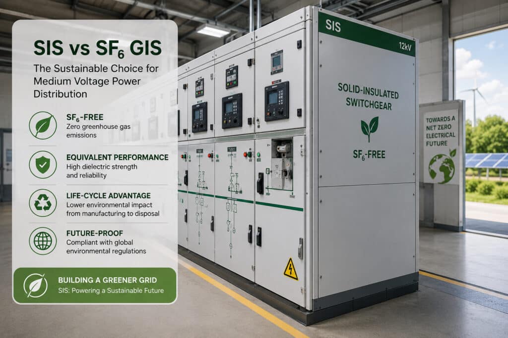 Solid-insulated SIS switchgear in a medium voltage substation, presenting an SF6-free alternative for sustainable power distribution and lower lifecycle environmental impact.