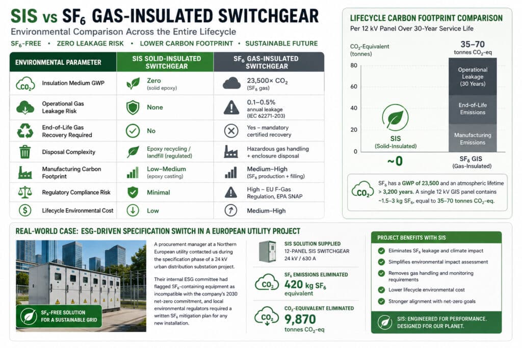 Environmental comparison infographic showing SIS solid-insulated switchgear versus SF6 gas-insulated switchgear across greenhouse gas impact, leakage risk, disposal complexity, regulatory compliance, and lifecycle carbon footprint.