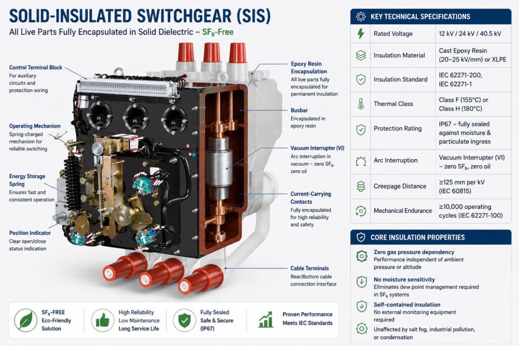Solid-insulated SIS switchgear cross-section showing epoxy resin encapsulation, busbars, vacuum interrupter, operating mechanism, and sealed cable terminals for SF6-free medium voltage insulation.