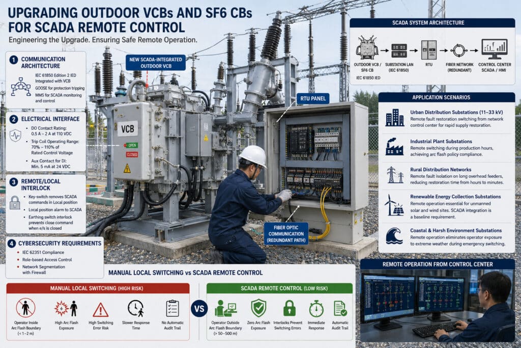 Outdoor substation upgrade project showing a SCADA-integrated VCB, RTU panel, fiber optic communication path, remote/local interlock design, and control center operation for safer high voltage remote switching.
