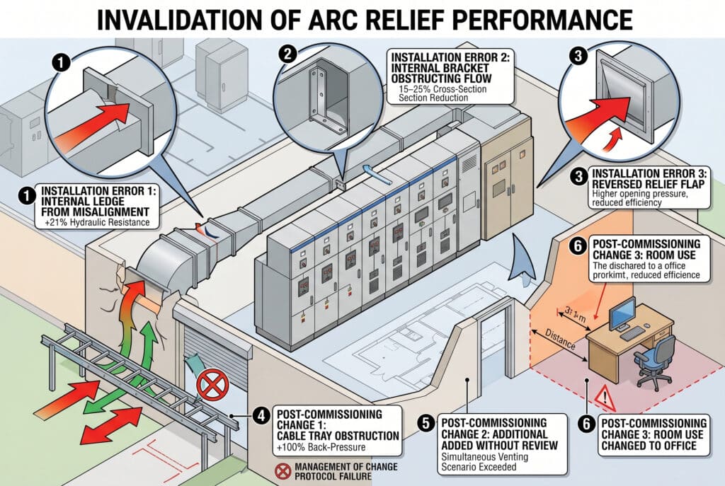 This detailed technical diagram visually represents several specific installation errors and post-commissioning changes that invalidate the performance of an arc relief channel system on AIS switchgear, summarizing the key points of the article without including human subjects. Multiple callouts with magnified views and red-crossed error icons show examples like internal duct alignment ledges, reversed relief flaps, internal brackets obstructing flow, external cable trays blocking the discharge point, added panels without review, and changed room use near the discharge zone, illustrating the critical need for a Management of Change protocol.